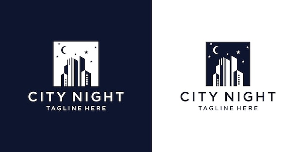 nacht stadslogo met een silhouet van uitzicht op de stad en het gebouw