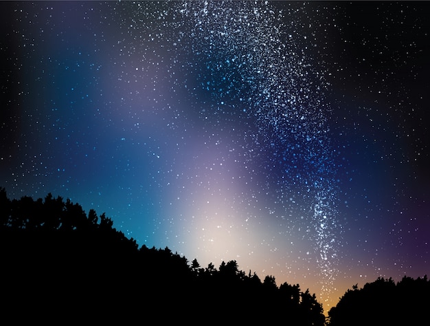 Vector nacht sterrenhemel landschap achtergrond. heelalillustratie met silhouet van bomen en heuvel. gekleurde kosmosachtergrond met sterrenclaster en landschap.