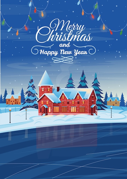 Nacht winterlandschap met huizen, kerstboom en bevroren meer. vector tekening illustratie in platte cartoon stijl. kerstkaart.