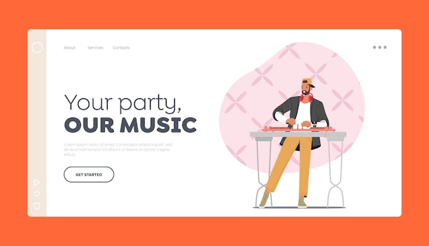 Nachtclub Disco Party Landing Page Template Gelukkig Dj mannelijk personage met koptelefoon op nek Muziek spelen en mixen