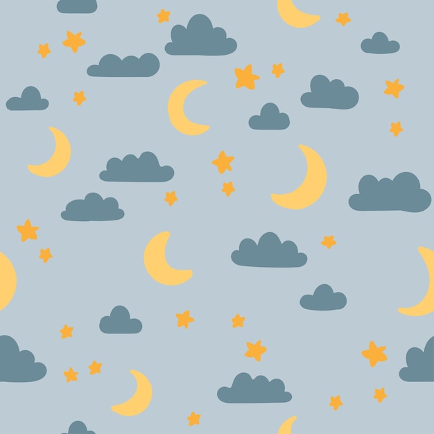 Nachtelijke hemel naadloze patroon Sterren maan wolken vector achtergrond Leuke kinderachtige illustratie