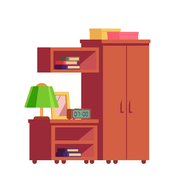 Nachtkastje met boeken, lamp en wekker in de buurt van plank en kledingkast. Meubelset. vector illustratie