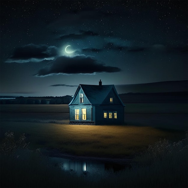 Nachtlandschap met een eenzaam huis en licht in het raam
