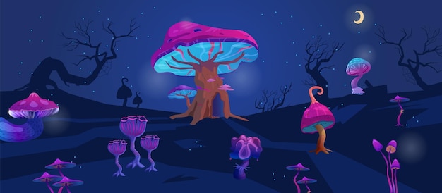 Vector nachtlandschap met magische gloeiende paddestoelen cartoon vectorillustratie gaming background