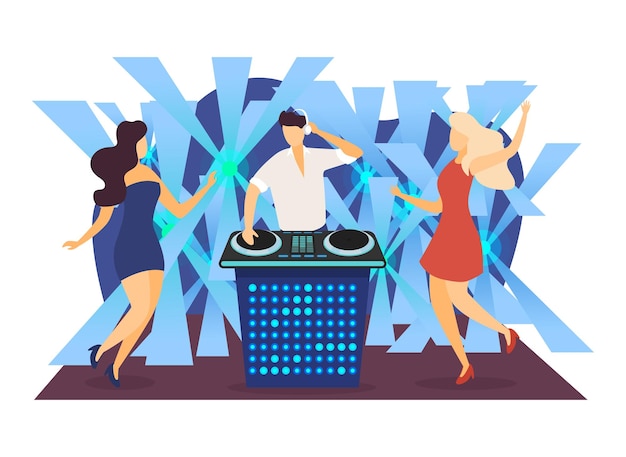 Vector nachtmuziek partij vrouwelijke dans karakter mannelijke dj spelen club track geïsoleerd op witte platte vectorillustratie muzikale begeleiding 's nachts