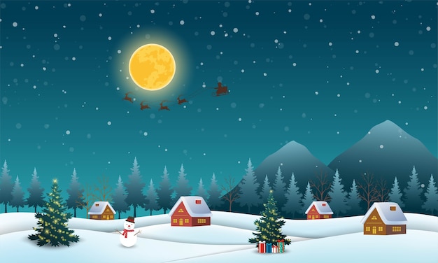 Nachtscène achtergrond met Santa Claus vliegen op slee getrokken door rendieren over dorp