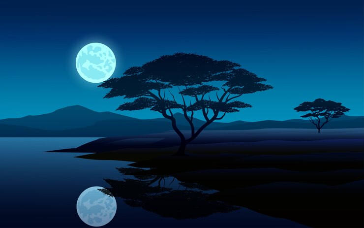Vector nachtscène illustratie met maan en rivier
