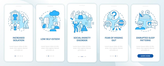 Nadelen van het blauwe onboarding mobiele app-scherm voor sociale media