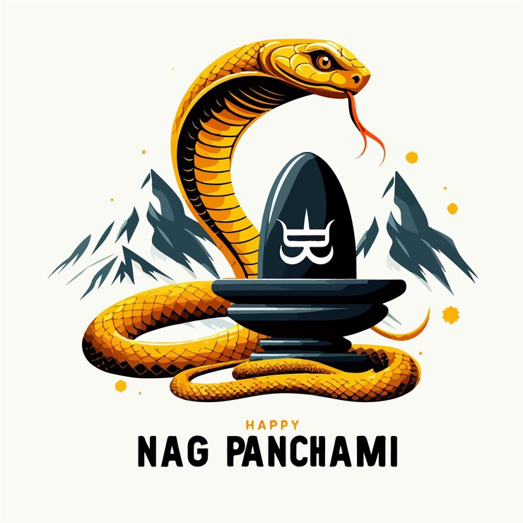 Vector nag panchami background design with a golden nag and shiv stone
