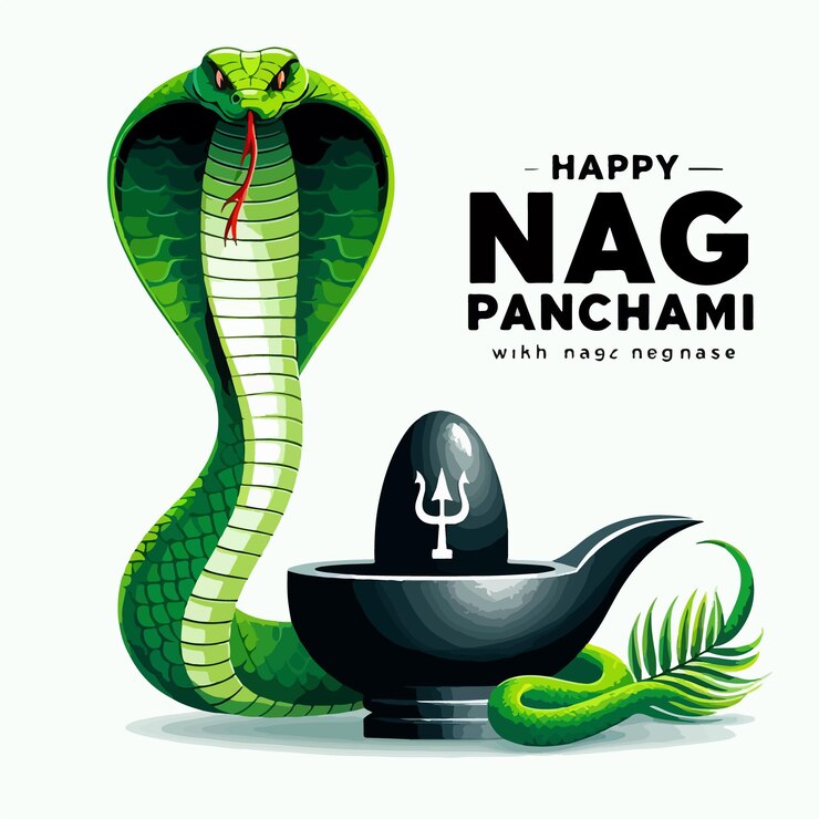 Vector nag panchami background design with a green nag and shiv stone