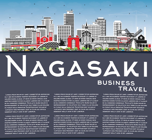 Vector nagasaki japan city skyline with color buildings blue sky and copy space