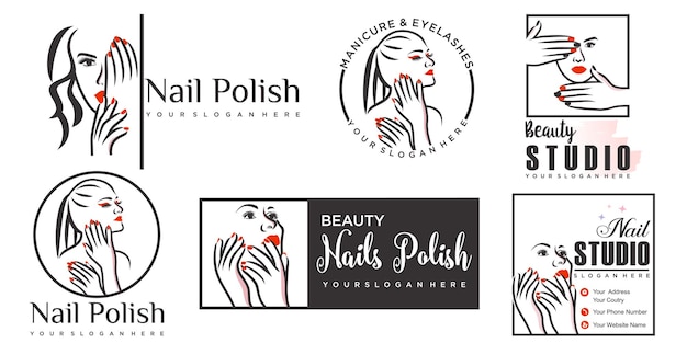 Nagel schoonheid icon set logo-ontwerp met creatieve elementstijl voor mode Premium Vector