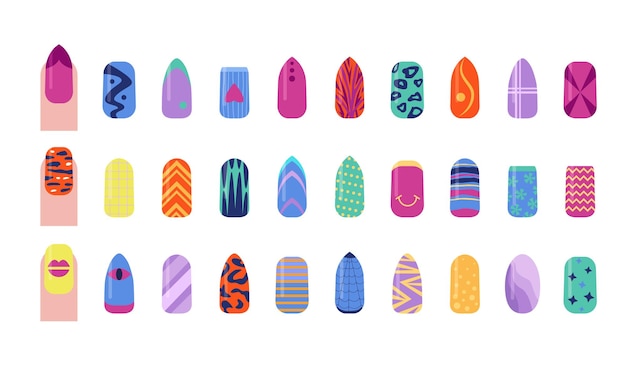 Vector nagel sjablonen patronen schoonheid vrouwelijke nagels collectie manicure vingernagel mode concept vector cartoon minimalistische set