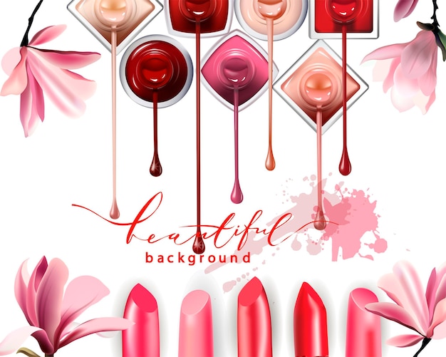 Nagellak met druppels en lippenstift en lente Magnolia bloemen op een witte achtergrond Vector