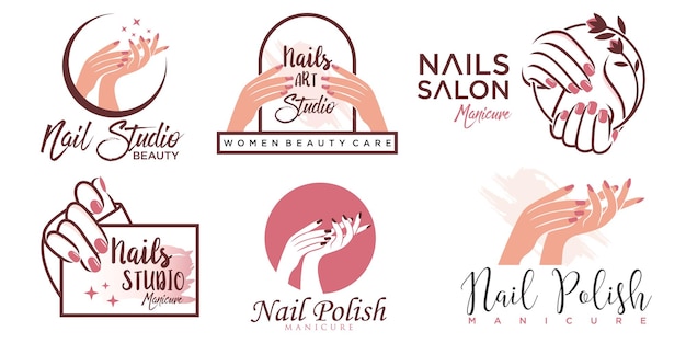 Nagellak of nagels salon icon set logo ontwerp manicure nagels pools en vrouwelijke vinger logo