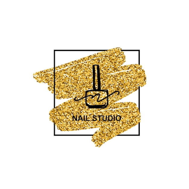 Nagellaklogo met gouden glittertextuur in een trendy minimalistische lineaire stijl. logo voor een schoonheidssalon of een manicure. sjabloon voor het verpakken van nagellak, nagel, zeep, schoonheidswinkel.