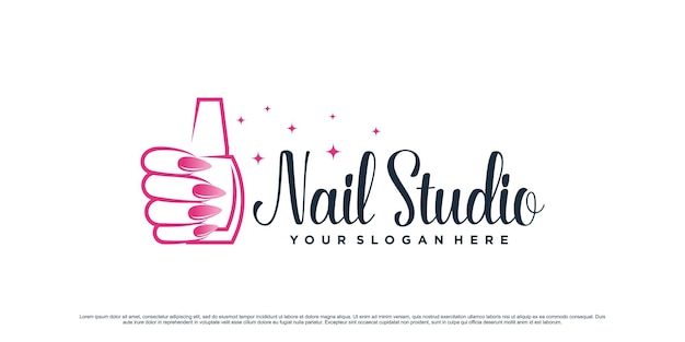 Nagellakstudio-logo-ontwerp voor schoonheidssalon met vrouwenhand en flespictogram Premium Vector