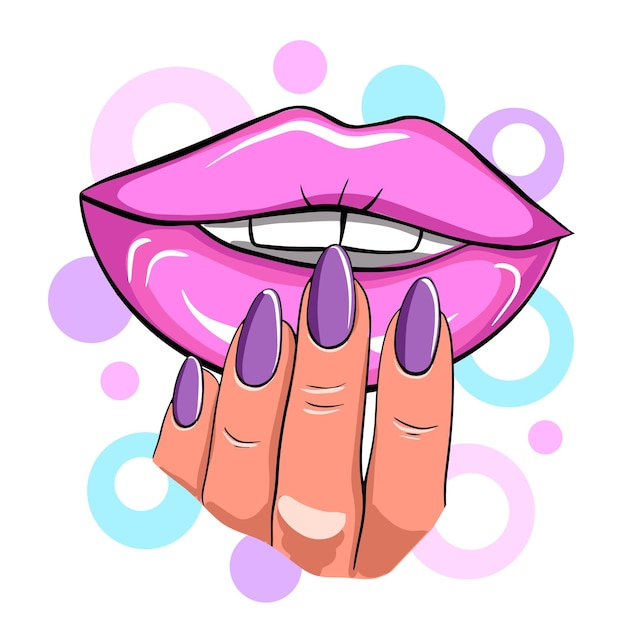 Nagels en manicure concept vector illustratie nagellak in vrouwelijke hand en lippen