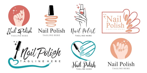 Nagelsalon icon set logo ontwerp manicure vector design nagellak en vrouwelijke vinger logo