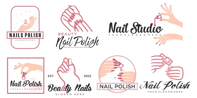 Nagelstudio of nagellak icon set logo ontwerp voor schoonheidssalon met uniek concept