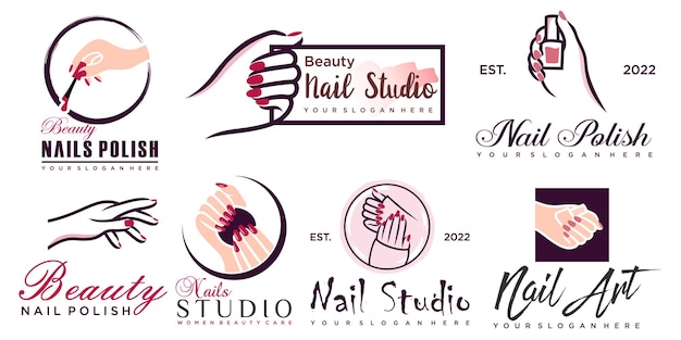 Nagelstudio of nagellak icon set logo ontwerp voor schoonheidssalon met uniek concept