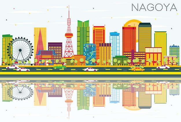 Nagoya skyline met kleur gebouwen, blauwe lucht en reflecties. vectorillustratie. zakelijk reizen en toerisme concept met moderne architectuur. afbeelding voor presentatiebanner plakkaat en website.