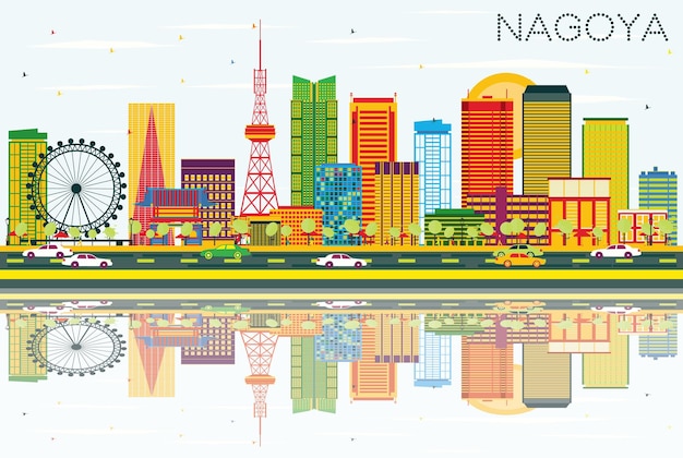 Nagoya Skyline with Color Buildings, Blue Sky and Reflections. Vector Illustration. Business Travel and Tourism Concept with Modern Architecture. Image for Presentation Banner Placard and Web Site.