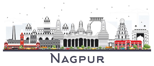 흰색 절연 회색 건물 Nagpur 인도 도시의 스카이 라인. 벡터 일러스트 레이 션. 역사적인 건축과 비즈니스 여행 및 관광 개념입니다. 랜드마크가 있는 나그푸르 도시 풍경.