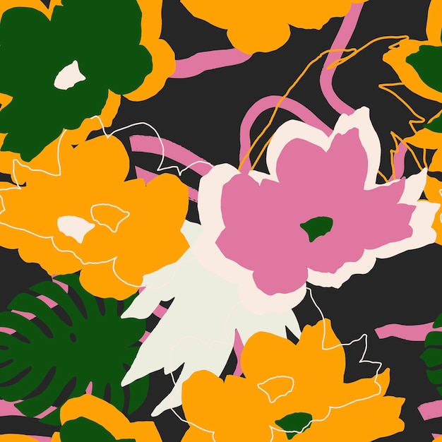 Naïef modern abstract bloemen naadloos patroon. Surrealistische tropische planten en bloemen silhouet Vector