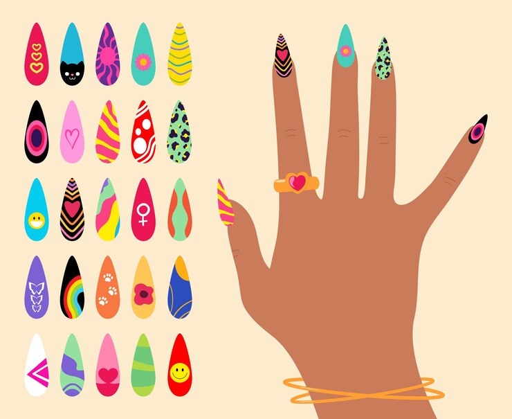Nail design art Bright colorful manicure design Woman hand