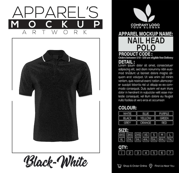 Vettore nail head polo blackwhite mockup di abbigliamento design di opere d'arte