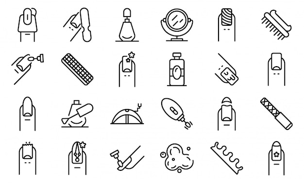 Nail icons set, outline style