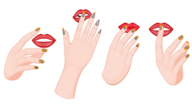 Nail polish hands and lips in various gesture on white background.