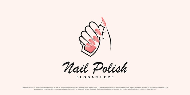 Design del logo per smalto e manicure con mani di donna e icona della bottiglia vettore premium