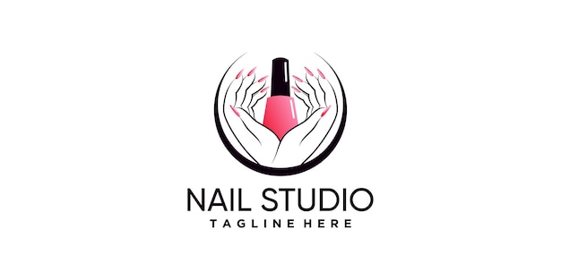 Лак для ногтей или дизайн логотипа студии ногтей с креативным элементом и уникальной концепцией Premium векторы