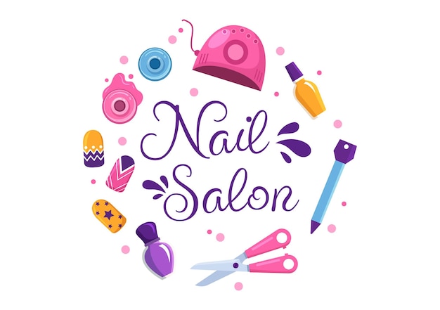 Nail Polish Salon Template Hand Drawn Illustration Receiving of Manicure or Pedicure to a Young Girl