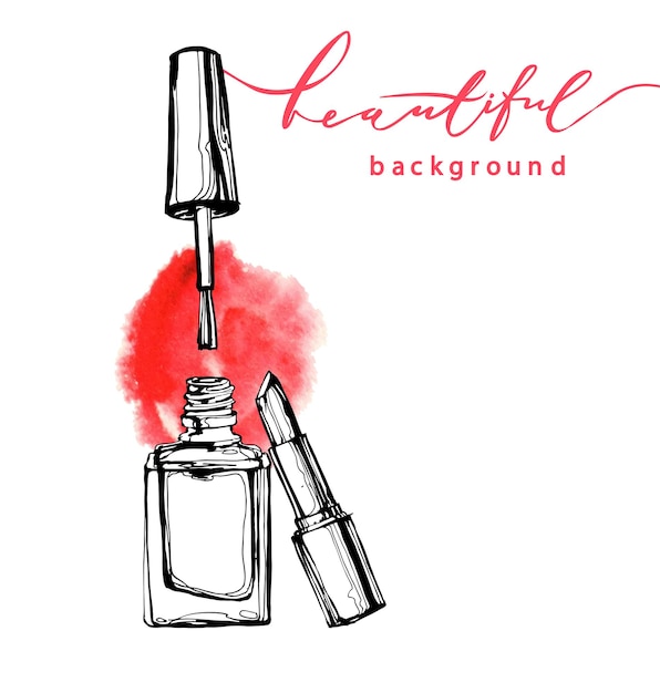 Nail polishand lipstick vector sketch in fashion style on white background. cosmetics and fashion background template vector.