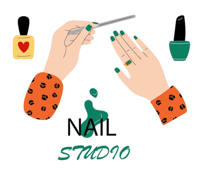 nail studio manicure service beauty salon banner manicurist paints fingernails with polish green cosmetic varnish glamour woman arms girls fingers holding brush vector illustration