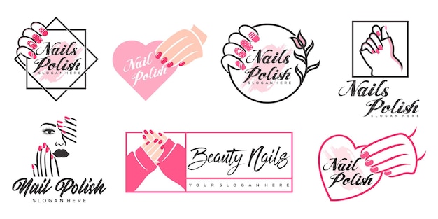 Nail art e logo vettoriale del salone delle ciglia illustrazione delle mani della donna con una manicure elegante e bella