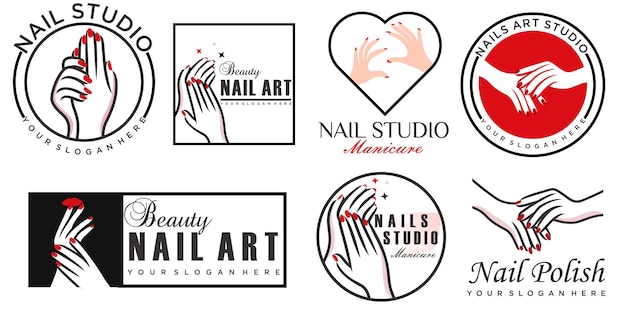 Векторный логотип салона искусства ногтей Иллюстрация женской руки с элегантным красивым маникюром