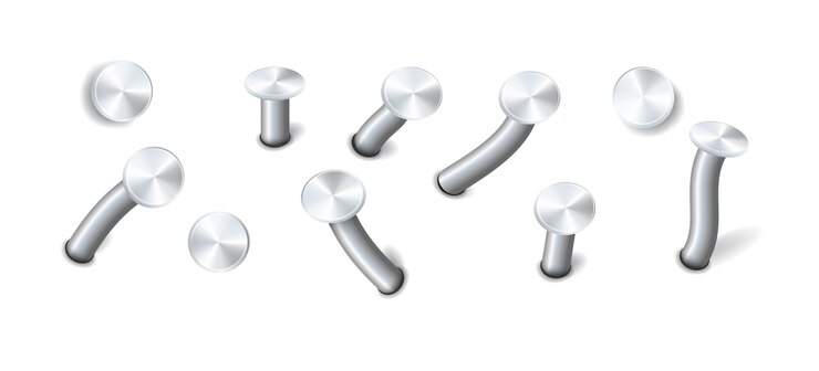 Vector nails hammered into wall steel straight and bent metal hardware spikes hobnails with grey caps top