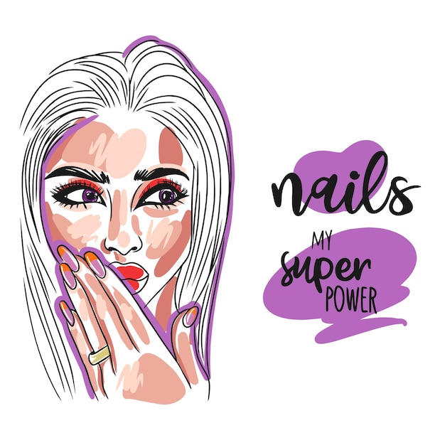 Nails my superpower handwritten quote portrait of a beautiful girl long nails