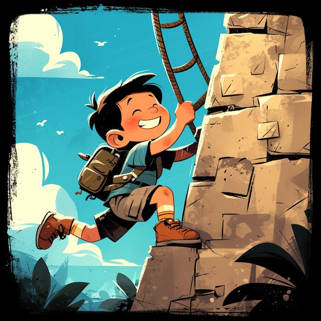 Vector a nairobi boy climbs a rock wall in cartoon style