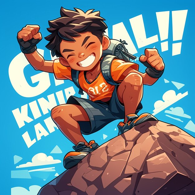 Vector a nairobi boy climbs a rock wall in cartoon style