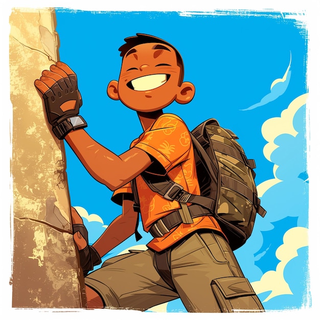 Vector a nairobi boy climbs a rock wall in cartoon style