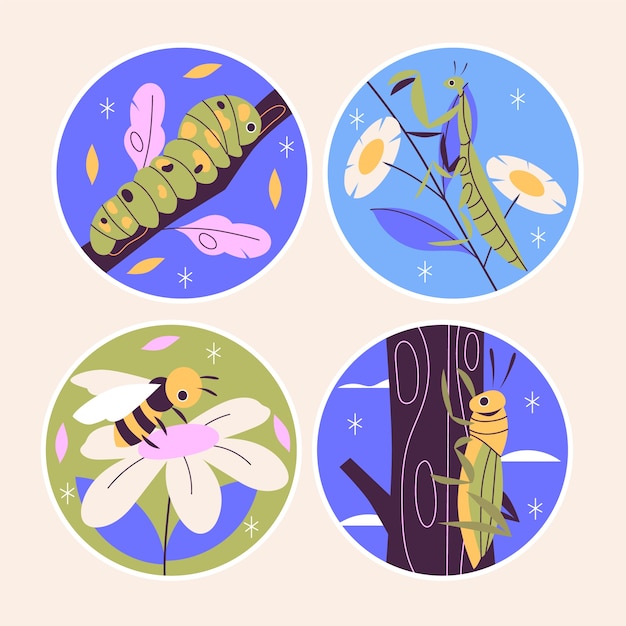 벡터 순진한 곤충과 벌레 스티커 컬렉션