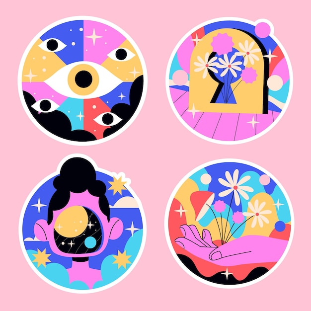 Naive psychedelic stickers colorful illustration