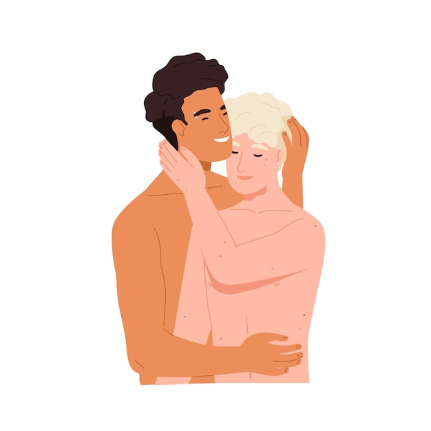 Vector naked love couple hugging. sexual relationship between international lgbt lovers. nude bodies of enamored men. colored flat vector illustration of intimate gay partners isolated on white background.