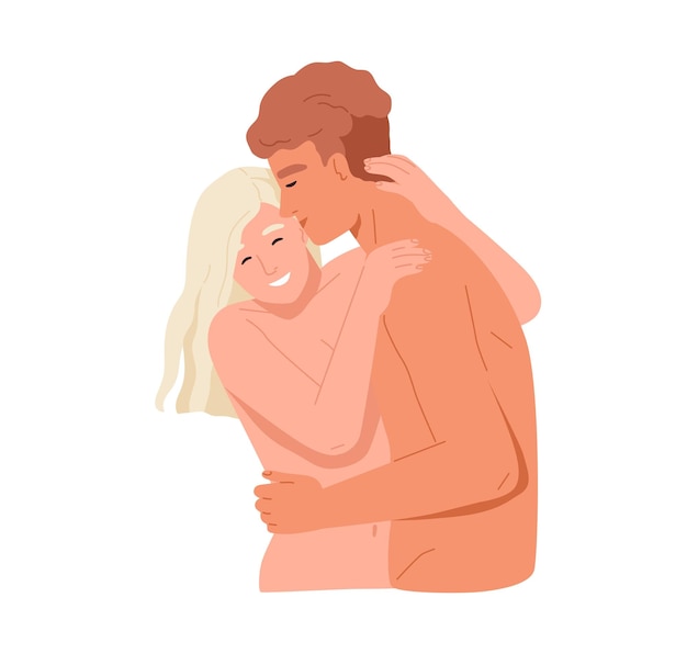 Naked love couple of man and woman. Lover hugging and kissing happy girlfriend. Romantic sexual partners. Intimate relationship. Colored flat graphic vector illustration isolated on white background.