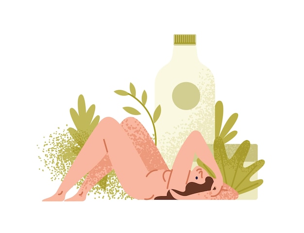 ベクトル 巨大なローションボトルの近くに横たわっている裸の女性。熱帯のヤシの葉、裸の女の子、スキンケアクリーム、シャンプーバルサム。環境にやさしい天然有機化粧品。白で隔離のフラットベクトル漫画イラスト